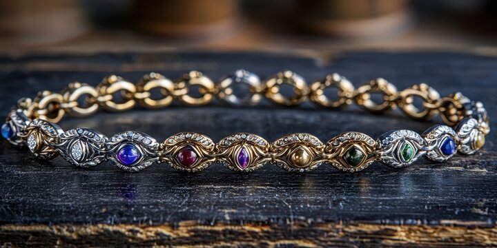 Gold Bracelet Showcasing Colorful Gemstones on Wooden Surface