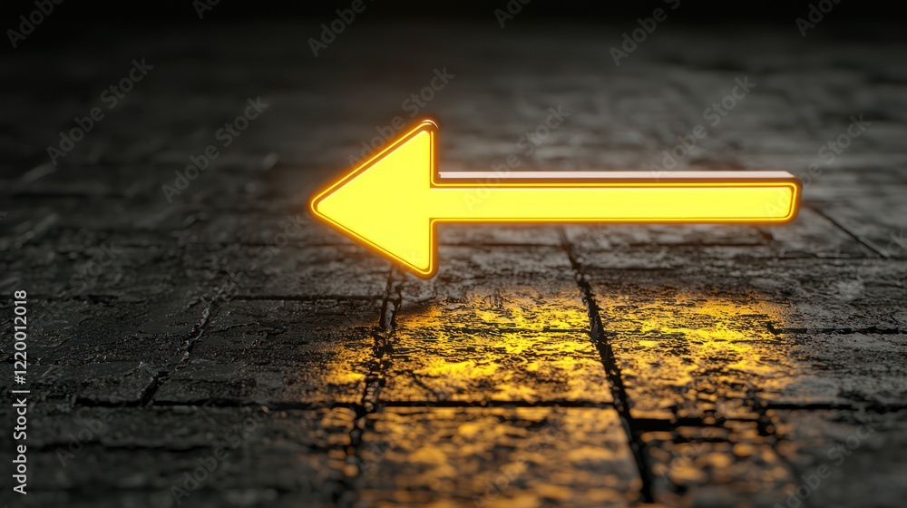 Aufkleber a glowing yellow arrow points left on a textured surface, reflecting light, creating a visually stri
