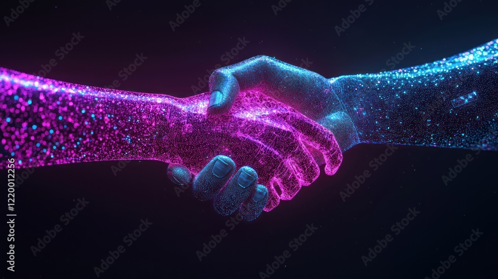 Poster a vibrant, digital handshake between two glowing hands symbolizes collaboration and unity in a futur
