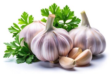 Night Photography Garlic Parsley Still Life, Isolated White Background, Food Photography, Culinary Image, Herb, Vegetable, Closeup, Dark, Dramatic 