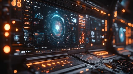 Obraz premium Futuristic Spaceship Cockpit Interface: A Stunning Digital Display of Sci-Fi Technology