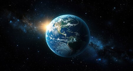 Obraz premium Earth from Space with Dramatic Lighting and Bright Sunflare on Dark Starry Background for Astronomy Exploration