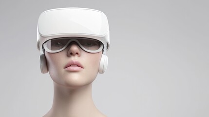 A futuristic mannequin wearing sleek virtual reality goggles, showcasing advanced technology in a minimalistic setting.