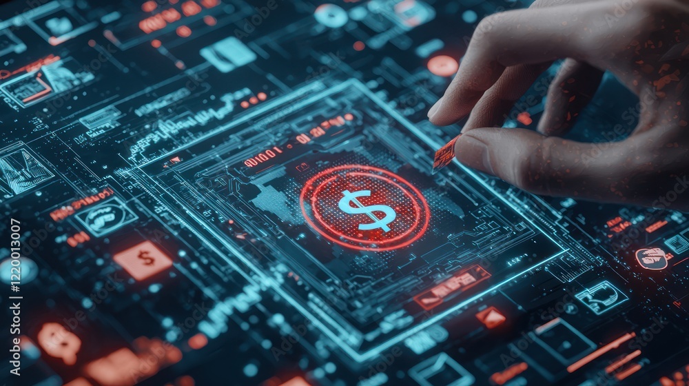 Poster a futuristic interface displaying digital currency symbols with a hand interacting with glowing elem
