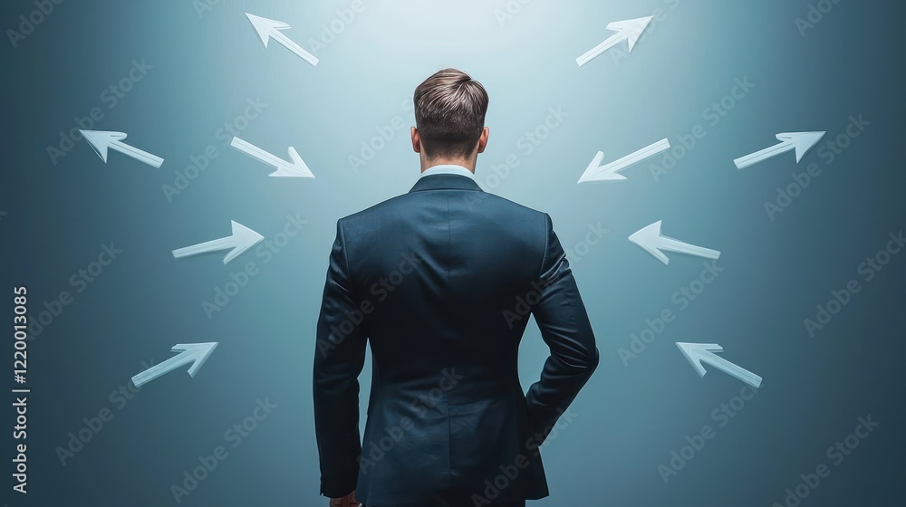 Poster a man in a suit stands with his back to the camera, surrounded by arrows pointing in different direc