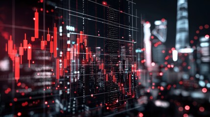 Fototapeta premium A digital stock market chart with red fluctuations set against a blurred city skyline, emphasizing financial trends and data analysis.