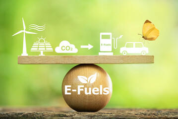 E-Fuels text in wooden and icons on natural background.E-Fuels or E-diesel the greenest energy...