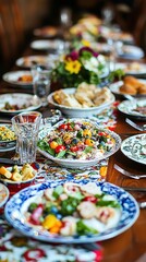 Communal Dining Table Set with Colorful Dishes and Culinary Delights