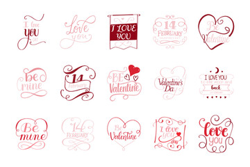 Valentine’s Day Typography Collection. Cute designs Isolated on White background.