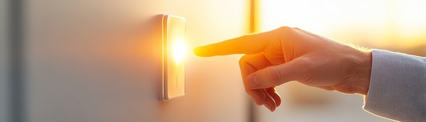 Hand switching on a light, illuminating room with gentle touch