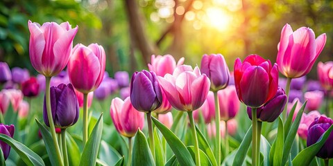 Fototapeta premium Pink & Violet Tulip Field Photography: Spring Flowers, Blooming Tulips, Outdoor Garden, Floral Images, Nature Photography