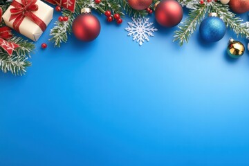 Christmas decorations on blue background with ornaments lights and festive elements for holiday season