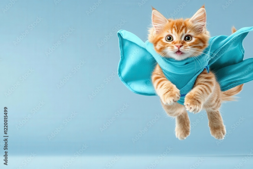 Poster kitten in mid-air capture with paws extended and playful expression during a jump or leap