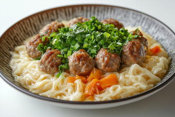 Delicious Meatball Noodle Soup with Fresh Herbs