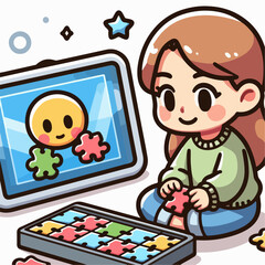 Fototapeta premium cute cartoon vector illustration of a person playing a puzzle
