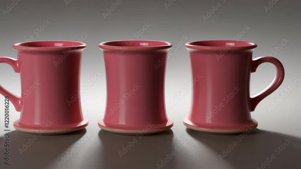 Poster pink ceramic mugs displayed in a row showcasing unique design and smooth finish in a simple indoor s