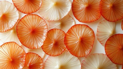 Red & white mushroom slices, overhead, studio, food art