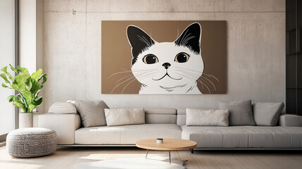 Charming Cat Canvas Art: A delightful illustration of a tuxedo cat with big, expressive eyes adorns a minimalist living room setting, adding a touch of playful sophistication to modern home decor. 