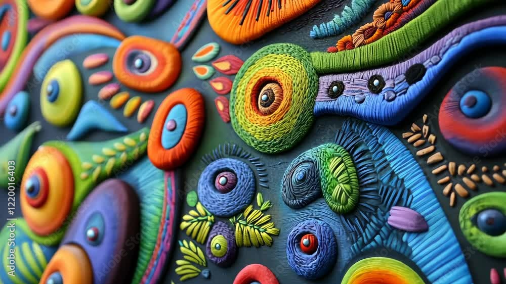 Poster colorful abstract art featuring intricate patterns and textures on a dark background