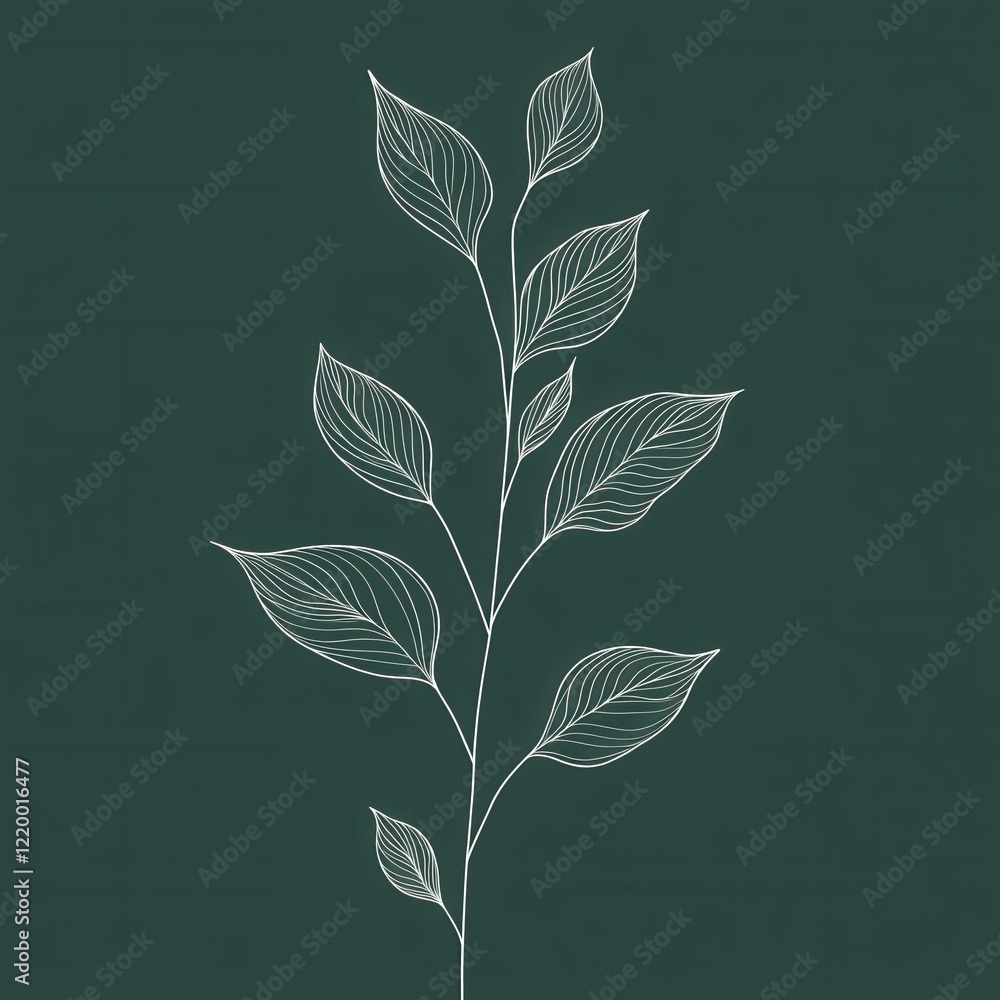 Poster Elegant Minimalist Botanical Line Art Graphic with Dark Green Leaves and Branches