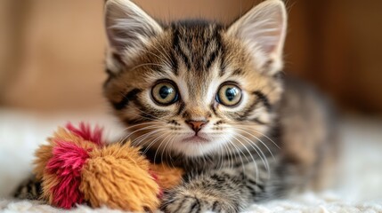 Playful kitten indoors with toy, blurred background