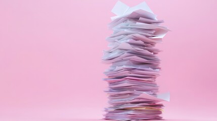 A tall stack of papers on a pink background.