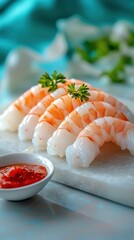 Deveined Shrimp Arranged in Spiral with Cocktail Sauce and Parsley
