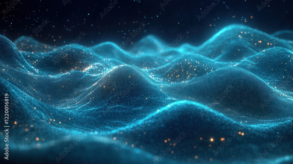 Poster dynamic abstract gradient wave of turquoise particles in futuristic digital landscape