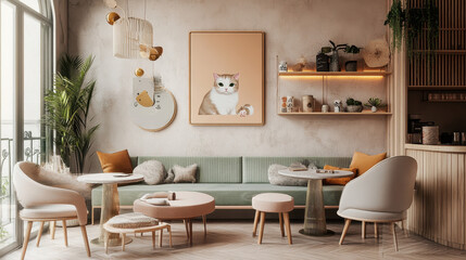 Fototapeta premium Cozy Cat Cafe Interior: A serene and inviting cafe interior with a charming minimalist design. Warm lighting bathes the space, highlighting a plush green sofa, comfortable chairs, and a cozy table.