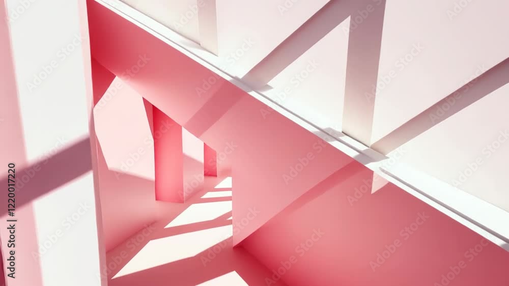 Poster exploring the interplay of light and color in a modern architectural space with vibrant pink walls. 