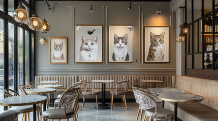 Cat Cafe Interior: A stylish and inviting cat cafe interior, featuring  a collection of framed cat portraits on the wall, creating a cozy and whimsical ambiance.