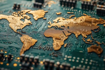 Naklejka premium Gold world map etched onto a circuit board. Illustrates global connectivity and technology.