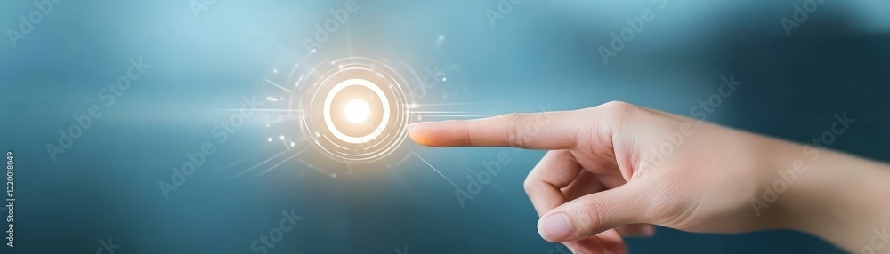 Poster human hand interacting with a sleek touch screen interface button fingertip