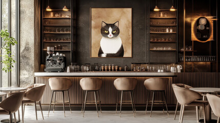 Cat Art in Cafe Interior: A captivating black and white cat painting hangs on the wall of a trendy cafe, creating a cozy and sophisticated ambiance. The artwork.