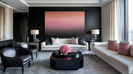 Modern Living Room Interior Design:  A contemporary living room interior with a white sofa, two black armchairs, black coffee table, a large abstract painting, and sleek floor lamps.