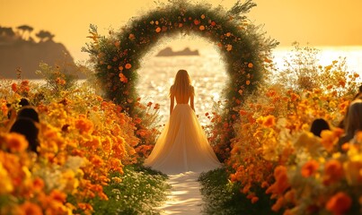 Stunning Sunset Beach Wedding Bride in Orange Flower Arch