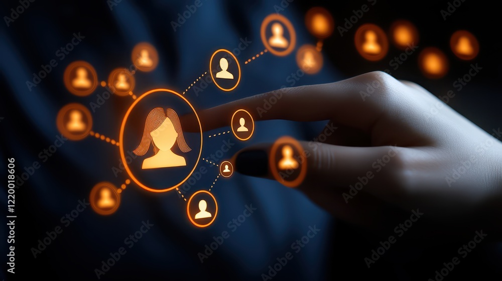 Poster fingertip interaction, activating a button, symbol of technological control and humanmachine interfa