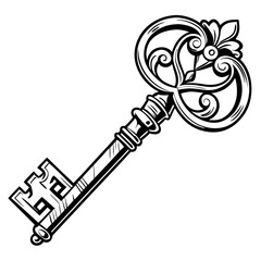 Illustration of a vintage key isolated on a white background.
