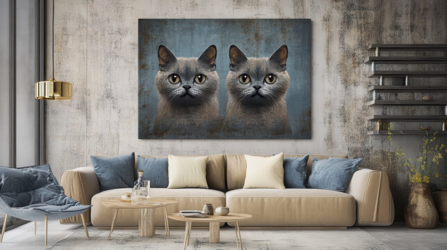 Double Take: Two charming grey tabby cats with piercing green eyes, captured in a double portrait, adorn a modern living room wall, their playful gaze adds an air of whimsy to the interior design. 