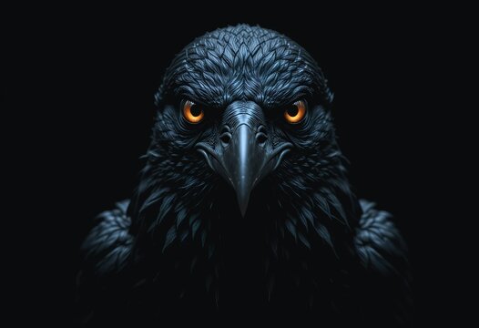 A close-up image depicts a majestic black raven with intense glowing orange eyes staring directly at the viewer against a dark background.