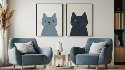 Cozy Cat Prints: A pair of charming minimalist cat prints in calming shades of blue add a touch of playful sophistication to a living room setting, displayed above a pair of plush armchairs. 