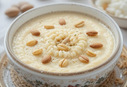 A creamy, light-colored soup garnished with almonds and small pasta pieces served in an ornate bowl.