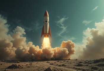 A retro-styled rocket launches from a dusty desert planet, leaving a trail of smoke and fire into the night sky.