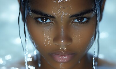 Stunning Woman Wet Face Portrait Intense Gaze