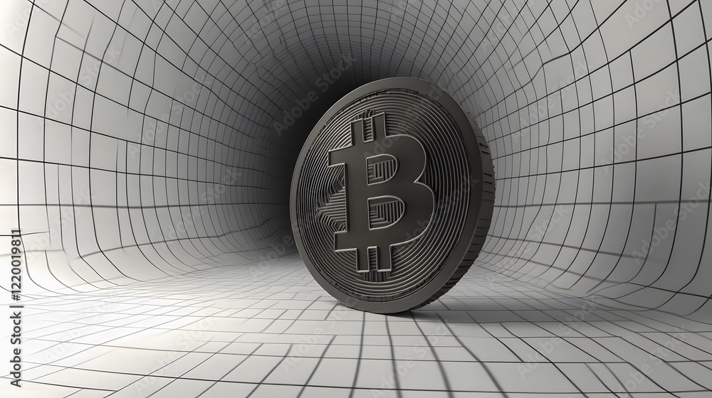 Poster 3d illustration of bitcoin token in a wireframe tunnel design highlighting cryptocurrency technology