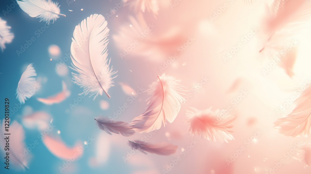 Poster Soft Colorful Feathers Floating Gently in Dreamy Atmosphere