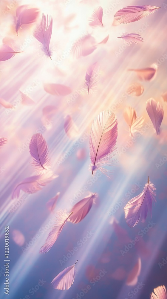 Poster soft pink feathers floating in ethereal light rays background