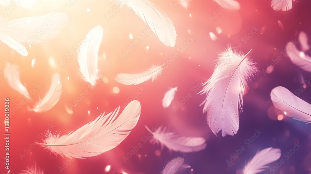 Aufkleber ethereal white feathers floating through soft colorful background