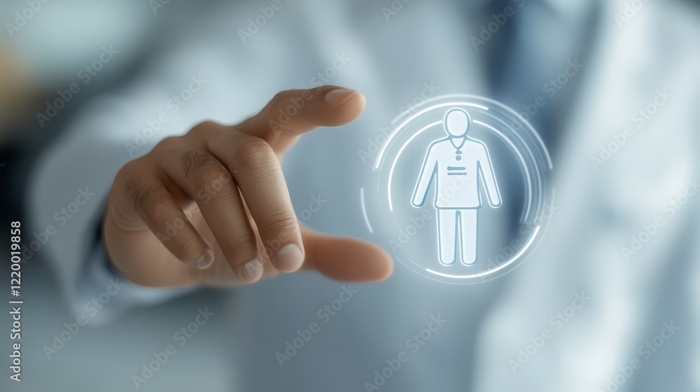 Poster human hand activating a digital button with person icon, symbol of connection and interaction in the