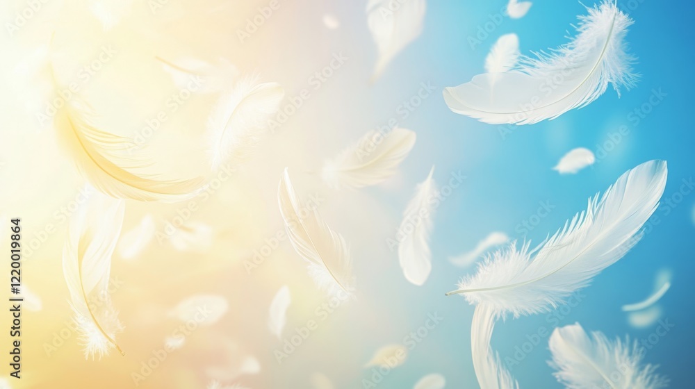 Poster Soft White Feathers Floating on Gradient Background of Blue and Yellow